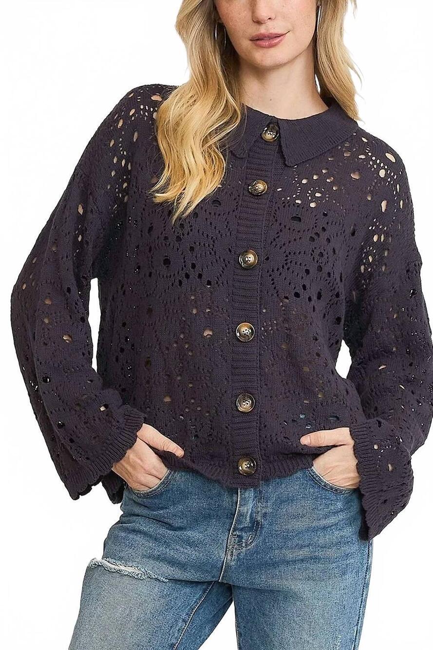 NEW UMGEE women's crochet knit cardigan in midnight